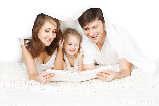 Family Reading Book, Parents Father Mother and Child Read Books, White Background