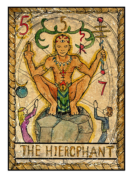 The Old Tarot card. The Hierophant The hierophant.  Full colorful deck, major arcana. The old tarot card, vintage hand drawn engraved illustration with mystic symbols. Priest or magician sitting on stone and holding wand. Man and woman praying. drawing of a man kneeling in prayer stock illustrations