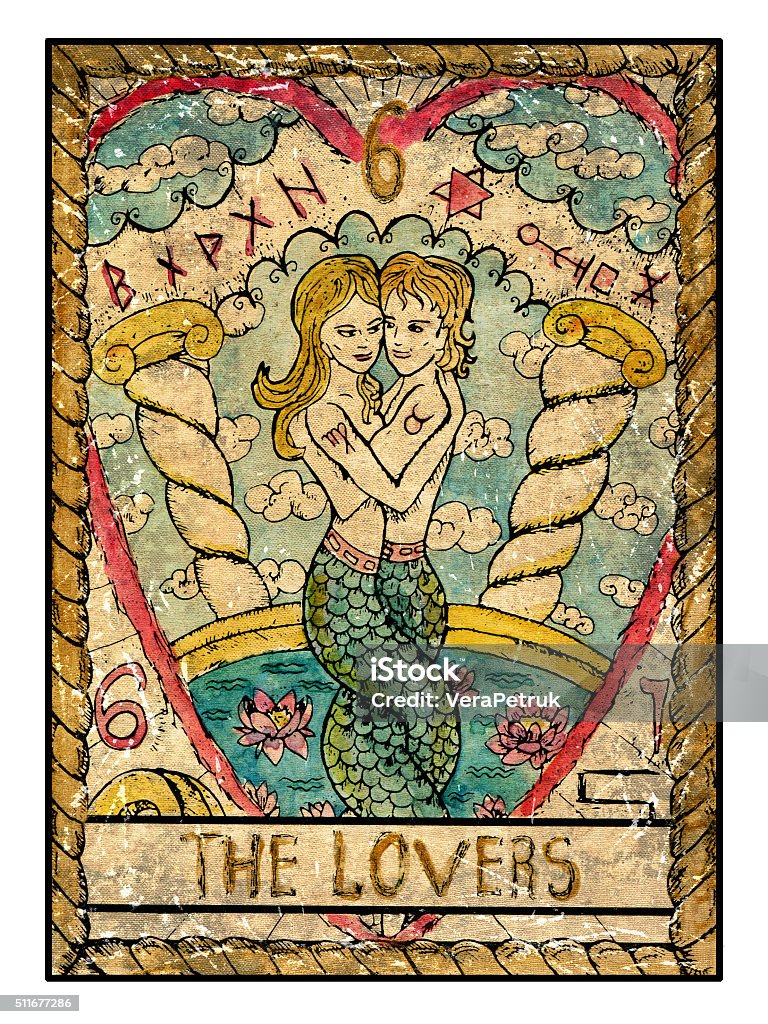 The Old Tarot card. The Lovers The lovers. Full colorful deck, major arcana. The old tarot card, vintage hand drawn engraved illustration with mystic symbols. Mermaid girl and boy in love hugging each other against background of clouds and pull with lotus Tarot Cards stock illustration
