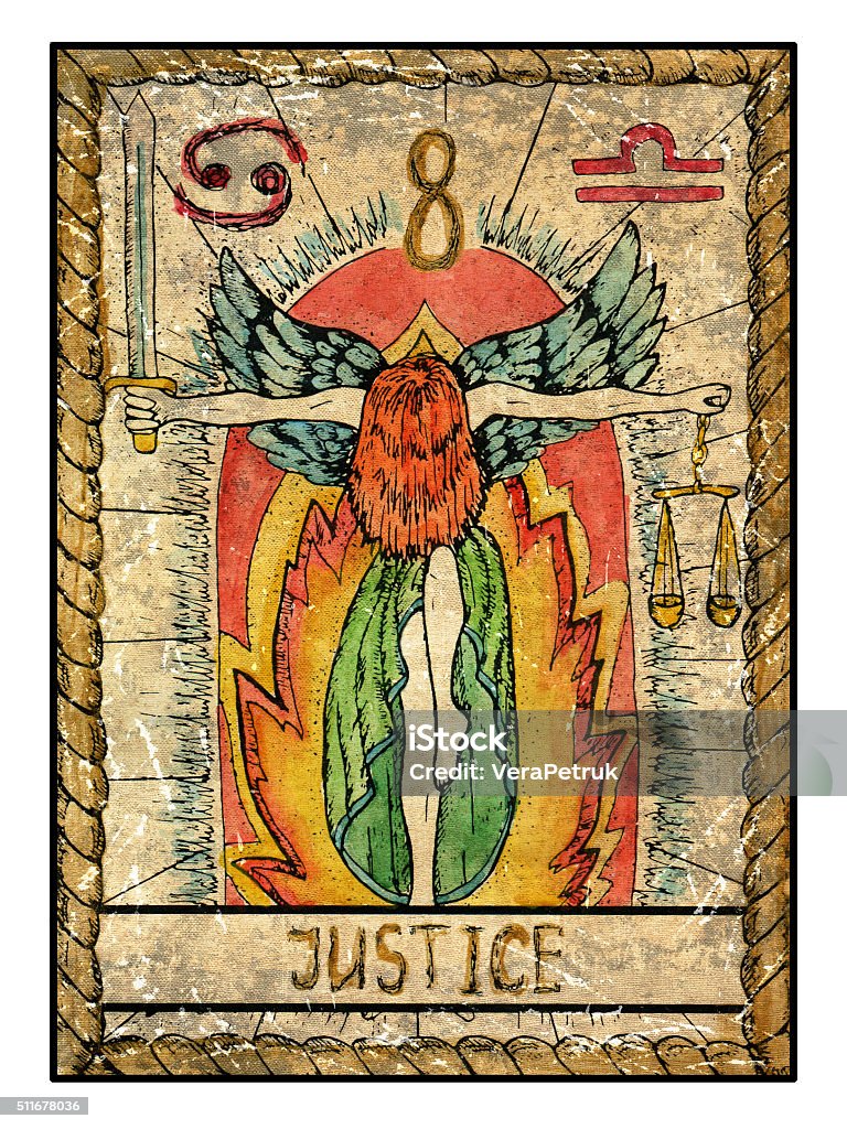 The Old Tarot card. Justice Justice.  Full colorful deck, major arcana. The old tarot card, vintage hand drawn engraved illustration with mystic symbols. Woman holding sword and scales and standing on human scull against fire background. Lady Justice stock illustration