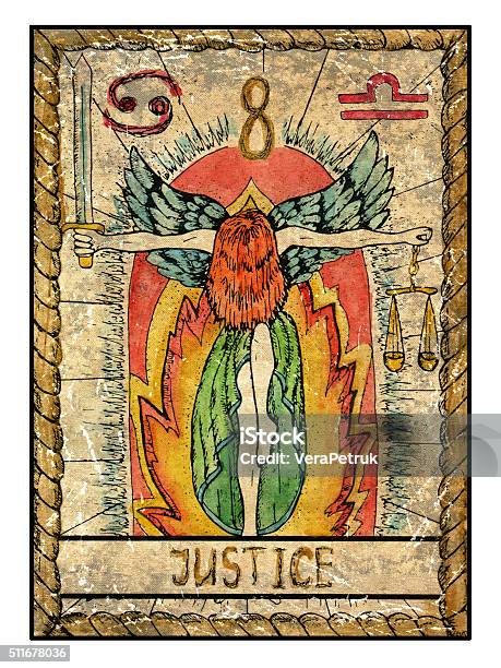 The Old Tarot Card Justice Stock Illustration - Download Image Now - Lady Justice, Tarot Cards, Equal-Arm Balance