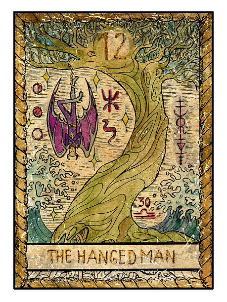 The Old Tarot card. The Hanged Man The hanged man. Full colorful deck, major arcana. The old tarot card, vintage hand drawn engraved illustration with mystic symbols. Vampire Dracula or demon hanging on the old tree. count dracula stock illustrations