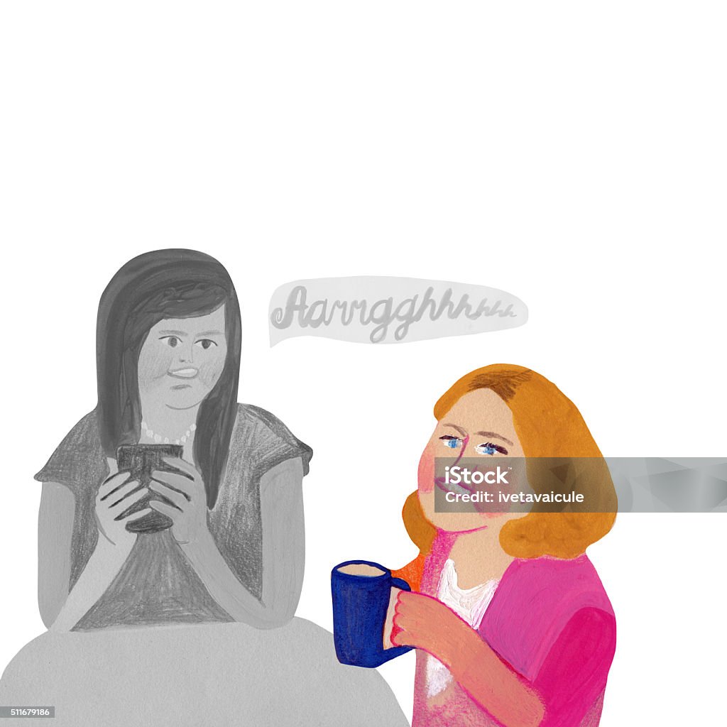 Coffee brake and gossip Hand drawn illustration of two women having a cup of coffee and catch up Adulation stock illustration