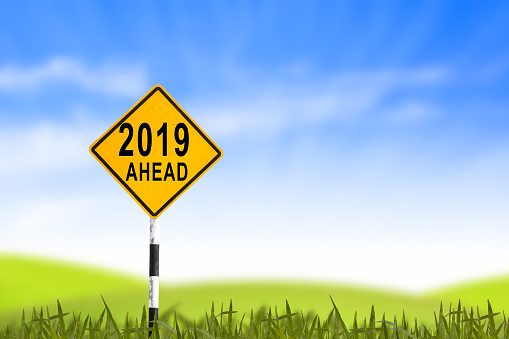 2019, Road sign in the grass field to new year and blue sky, can use as abstract background