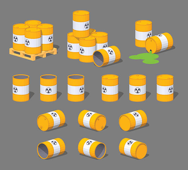 Metal barrels with the nuclear waste Metal barrels with the nuclear waste. 3D lowpoly isometric vector illustration. The set of objects isolated against the grey background and shown from different sides radioactive barrel stock illustrations