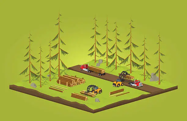 Vector illustration of Lumber stock. Logs loading on trucks