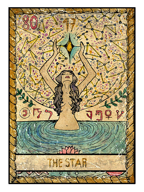 The Old Tarot card. The Star The star.  Full colorful deck, major arcana. The old tarot card, vintage hand drawn engraved illustration with mystic symbols. Young woman swimming in the pond and looking at the star tarot cards stock illustrations