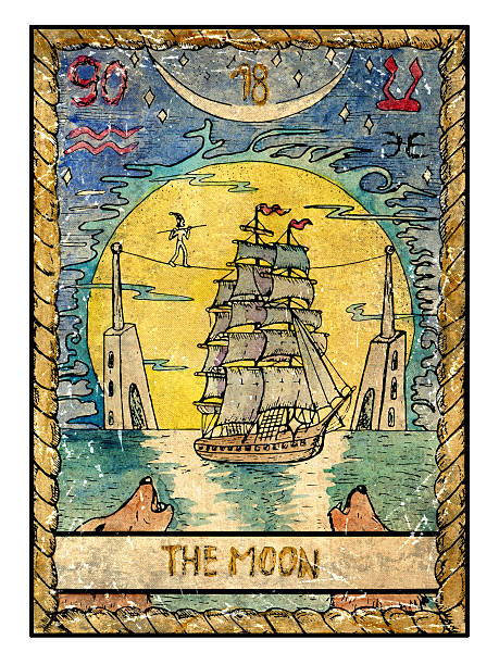 The Old Tarot card. The Moon The moon.  Full colorful deck, major arcana. The old tarot card, vintage hand drawn engraved illustration with mystic symbols. Old sailing ship, equilibrist, towers and two wolves howling  at the huge moon. tarot cards stock illustrations