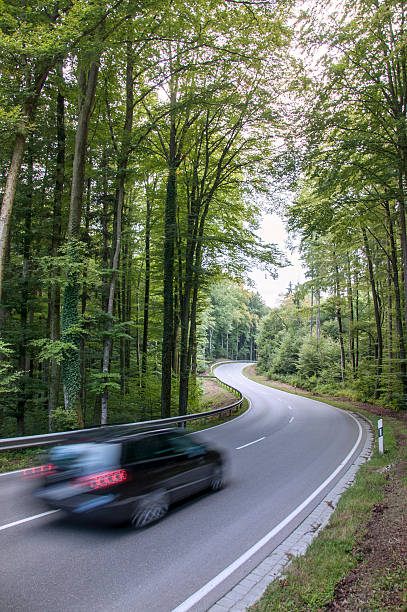 motion blurred car driving through forest stock photo
