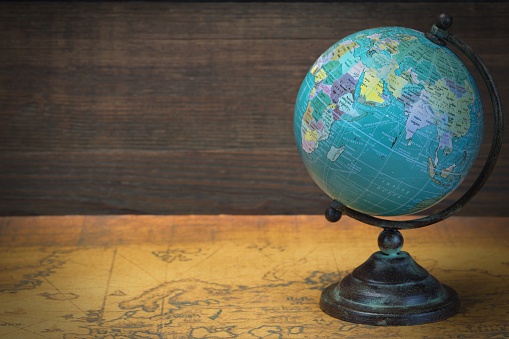 Vintage World Globe  On The Old Map, Front View