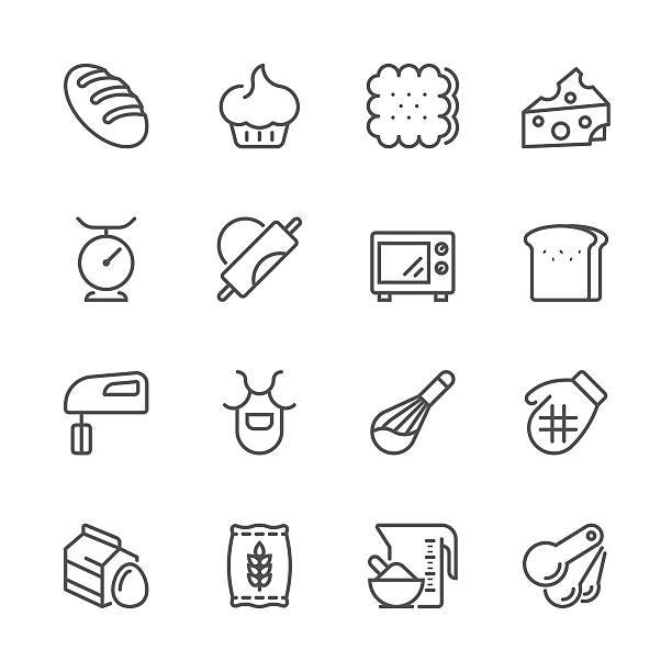 płaska linia ikony-seria do pieczenia - baguette stock illustrations