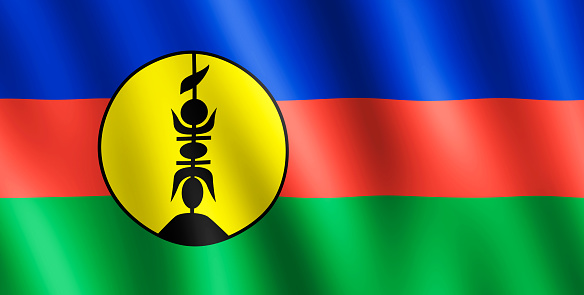 Flag of New Caledonia waving in the wind giving an undulating texture of folds in the fabric. The Image is in the official ratio of the flag - 1:2.