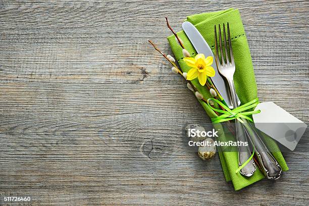 Easter Table Setting With Daffodil And Cutlery Stock Photo - Download Image Now - Banquet, Brunch, Crockery