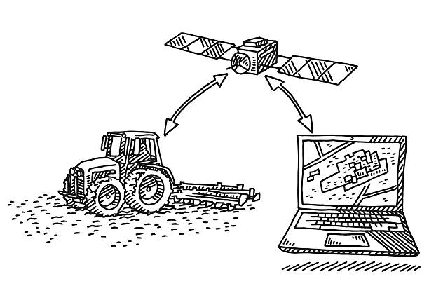 Precision Agriculture Concept Drawing Hand-drawn vector drawing of a Precision Agriculture Concept with a connected tractor, satellite and a laptop computer. Black-and-White sketch on a transparent background (.eps-file). Included files are EPS (v10) and Hi-Res JPG. precision agriculture stock illustrations