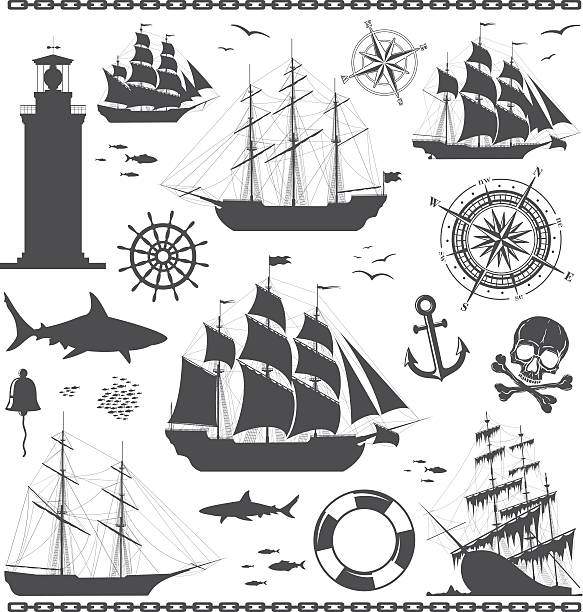 satz von nautischen designelemente - silhouette passenger ship nautical vessel mode of transport stock-grafiken, -clipart, -cartoons und -symbole