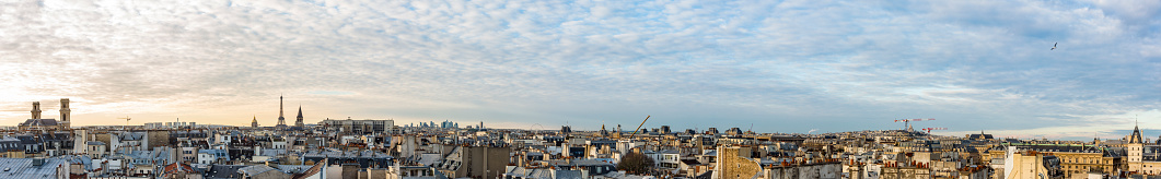 Panorama of the Paris, France skyline showing the traditional Haussmann architecture and rooftops