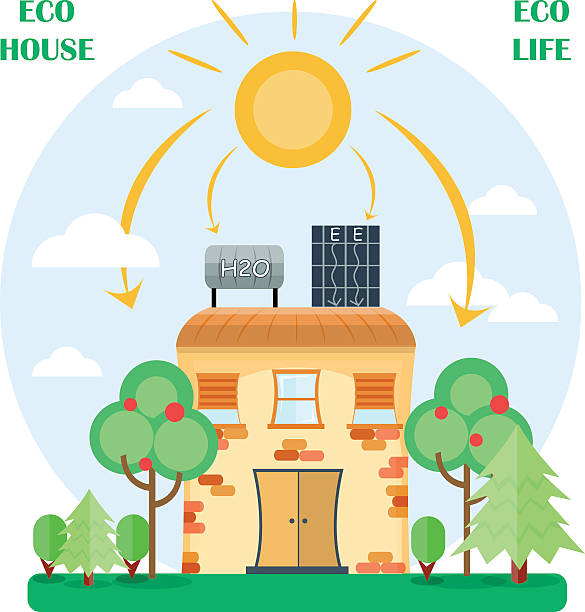 ilustrações, clipart, desenhos animados e ícones de eco casa com o trocador de calor e de energia solar células, casa e jardim e energia solar - heat exchanger