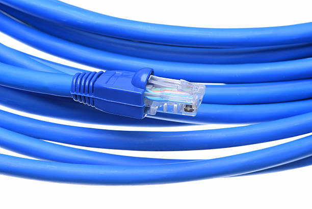 niebieski kabel sieciowy z komputera wtyczkę - cat5 rj45 cable network connection plug zdjęcia i obrazy z banku zdjęć