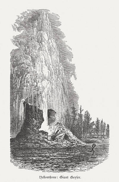 ilustrações de stock, clip art, desenhos animados e ícones de géiser gigante, parque nacional de yellowstone, madeira, publicada em 1880 (kit 1 - yellowstone national park wyoming american culture landscape