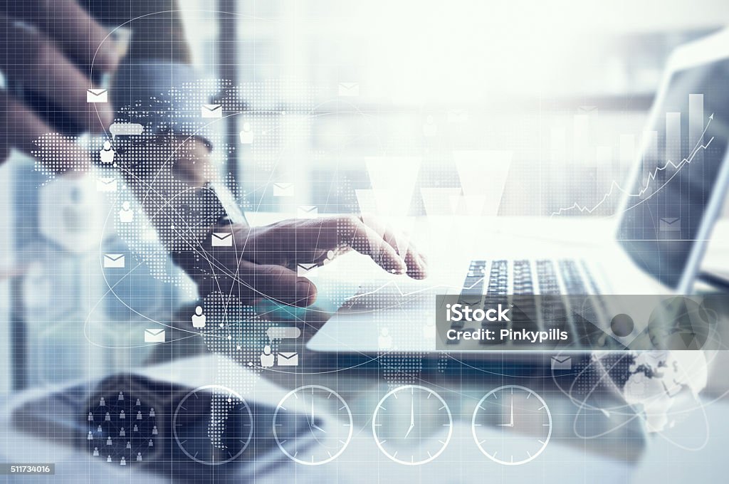 Business concept, businessman working laptop. Generic design notebook on the Business concept, businessman working laptop. Generic design notebook on the table. Worldwide connection technology interface Connection Stock Photo