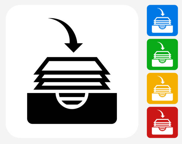 Files Icon Flat Graphic Design Files Icon. This 100% royalty free vector illustration features the main icon pictured in black inside a white square. The alternative color options in blue, green, yellow and red are on the right of the icon and are arranged in a vertical column. inbox filing tray stock illustrations