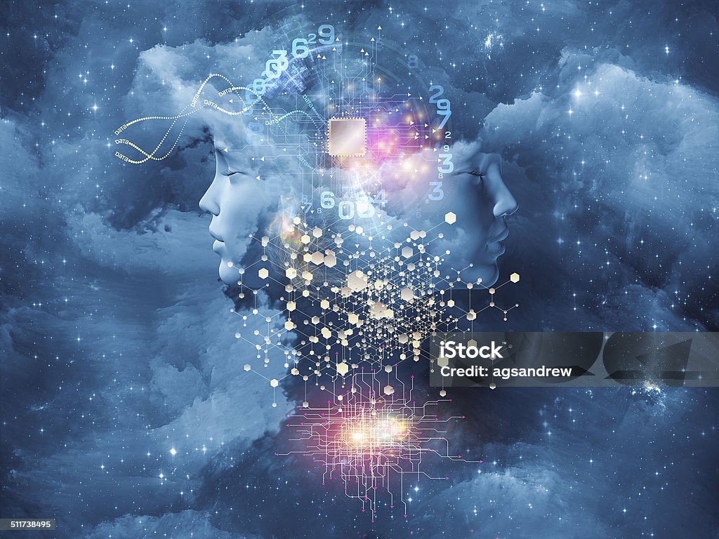 Way of the Mind Dreaming Intellect series. Visually pleasing composition of human face and technological elements to serve as  background in works on mind, reason, intelligence and imagination Spirituality Stock Photo