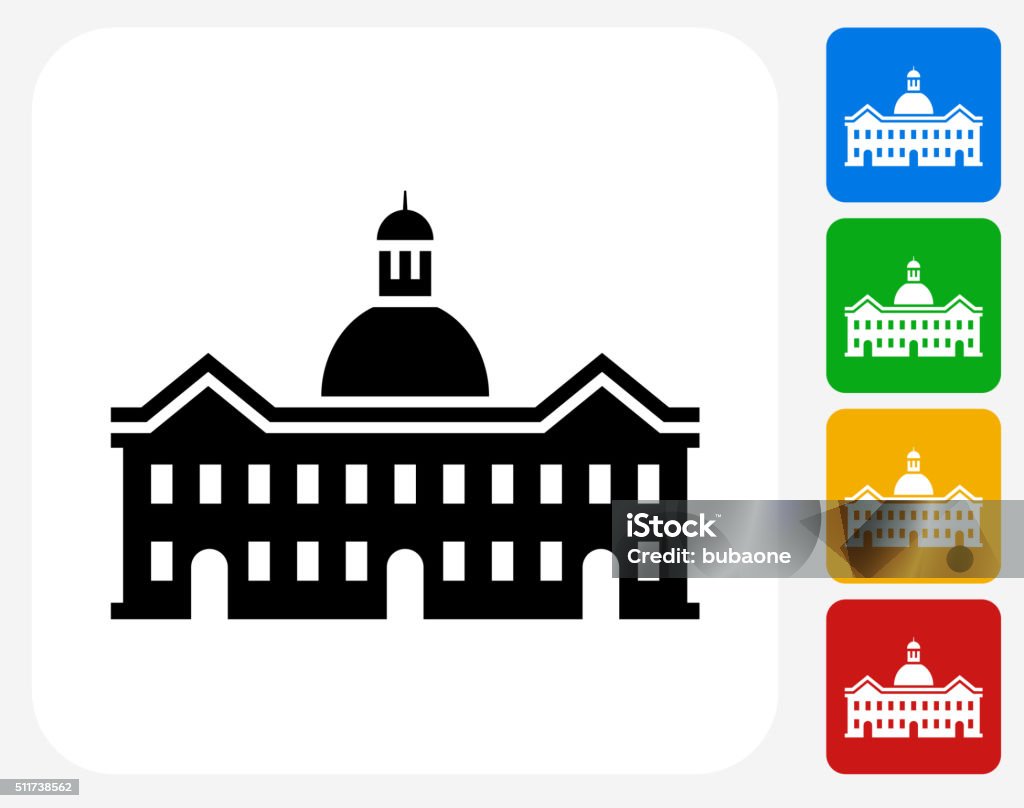 School Building Icon Flat Graphic Design School Building Icon. This 100% royalty free vector illustration features the main icon pictured in black inside a white square. The alternative color options in blue, green, yellow and red are on the right of the icon and are arranged in a vertical column. Town Hall - Government Building stock vector