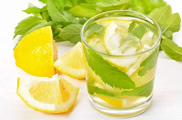 Lemonade with fresh lemon and mint in glass