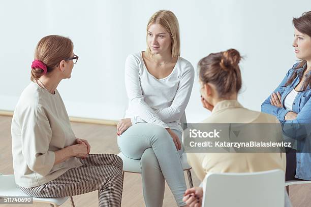 Meeting For Young Active Women Stock Photo - Download Image Now - Group Of People, Psychotherapy, Women