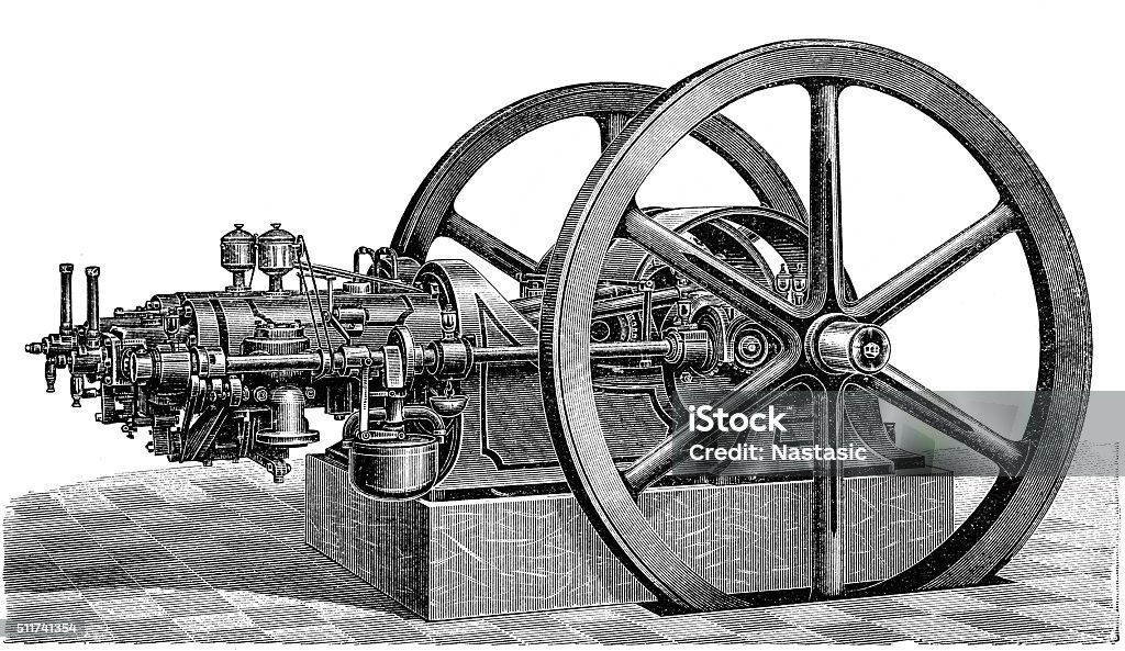 Otto Engine Otto opposed twin engine with valve control Drawing - Art Product stock illustration