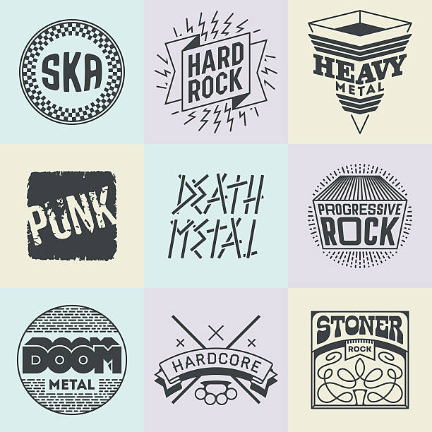 Assorted Rock Music Styles Genres Logotypes Set 1. Assorted Rock Music Styles Genres Logotypes Set 1. Line Art Vector Elements. pitter stock illustrations