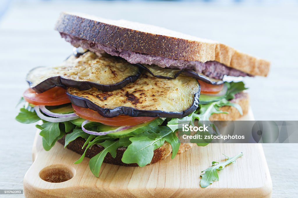 Greek sandwich Greek sandwich with feta cheese, olives, eggplant, tomanto, cucumber and rocket Sandwich Stock Photo
