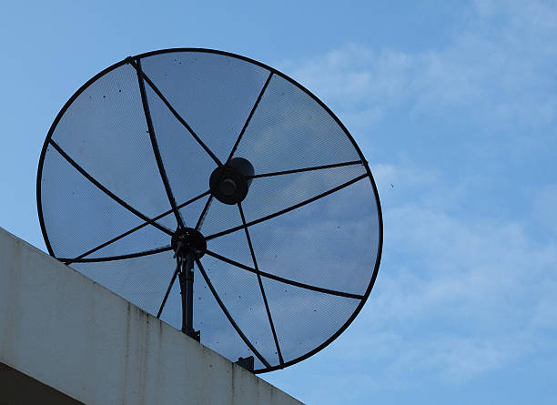 istock Black grille satellite dish with blue sky on roof 511744450