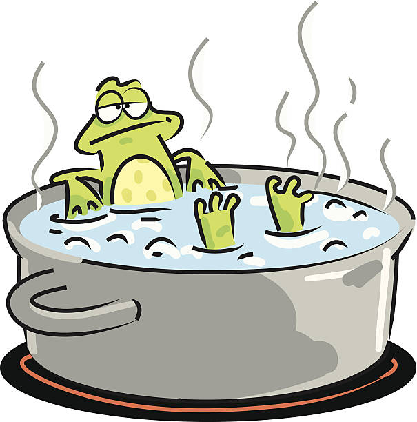 Frog In Boiling Water Illustration of the widespread anecdote describing a frog slowly being boiled alive, often used as a metaphor for the inability of people to react to significant changes that occur gradually. boiled stock illustrations
