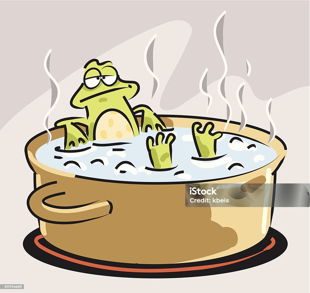 Slow Boiled Frog Illustration of the widespread anecdote describing a frog slowly being boiled alive, often used as a metaphor for the inability of people to react to significant changes that occur gradually.  Frog stock vector