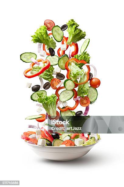Flying Salad Isolated On White Background Stock Photo - Download Image Now - Healthy Eating, White Background, Salad