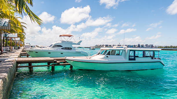 Marina and speed boat stock photo