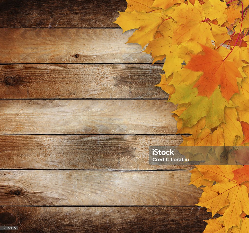 Bright autumn leaves on the old grunge wooden background Autumn Stock Photo