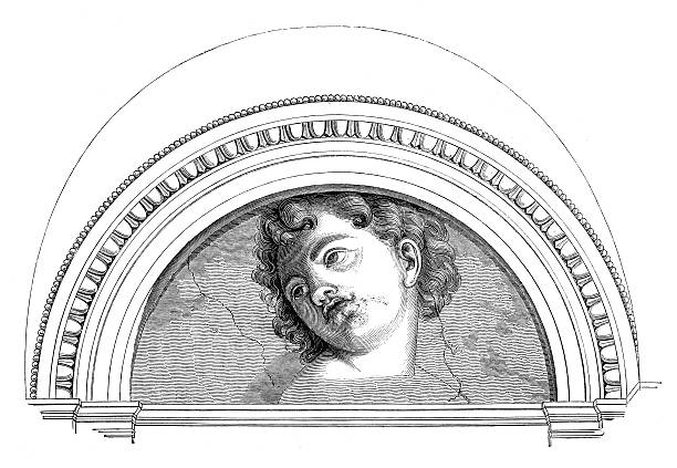 Head drawn by Michelangelo in Farnesina (antique engraving) 19th century illustration of a head drawn by Michelangelo in Palazzo della Farnesina in Rome, Italy. Original artwork published in Le magasin Pittoresque by M. A. Lachevardiere, Paris, 1846. michelangelo stock illustrations