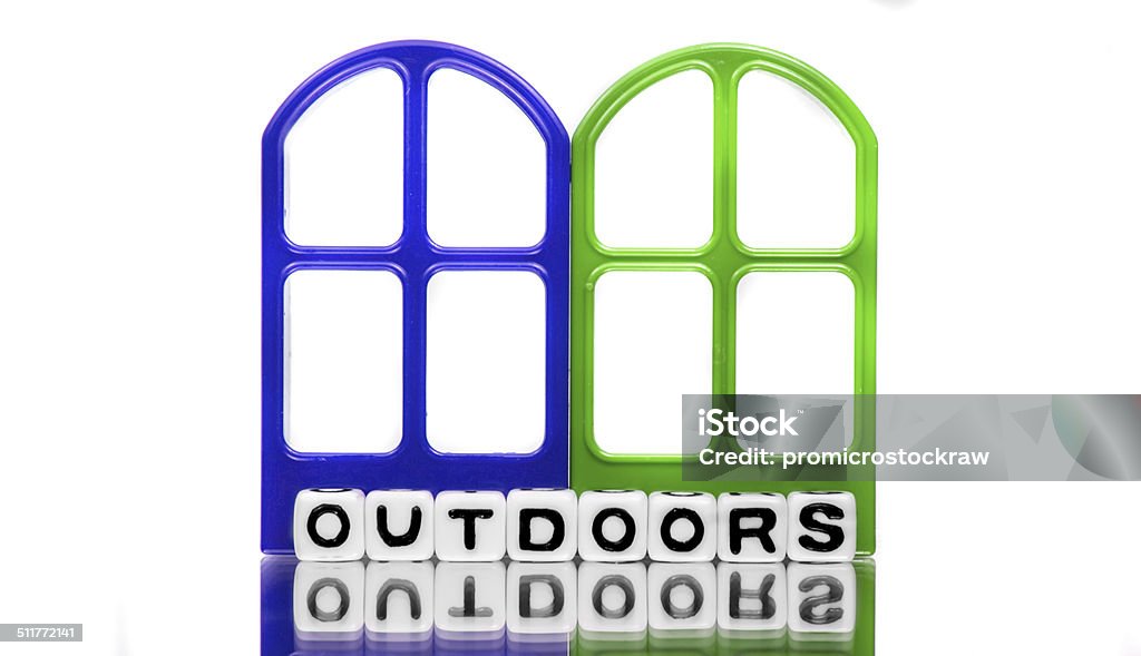 Outdoors text message Outdoors text message on blue and green doors. Abstract Stock Photo