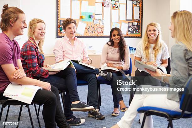 College Students With Tutor Having Discussion Stock Photo - Download Image Now - Instructor, Discussion, Learning