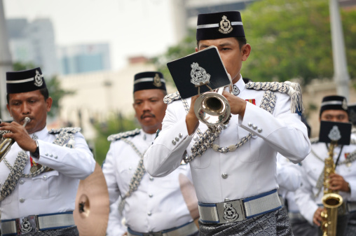 Kuala Lumpur, Malaysia - August 31, 2014: Musical band from The Royal Malaysia Police during 57th celebration of Malaysia Independence Day in Kuala Lumpur, Malaysia.