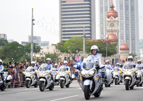 Kuala Lumpur, Malaysia - August 31, 2014: Police outriders in super bikes during 57th celebration of Malaysia Independence Day in Kuala Lumpur, Malaysia.