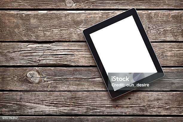 Digital Tablet Computer On Old Wooden Desk Stock Photo - Download Image Now - Blank, Border - Frame, Business