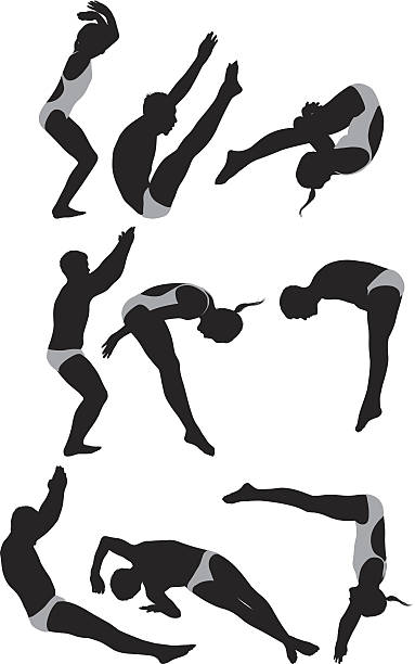 Various actions of swimmers Various actions of swimmershttp://www.twodozendesign.info/i/1.png swimming silhouettes stock illustrations