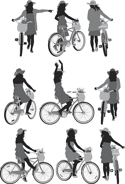 Various poses of women cyclist Various poses of women cyclisthttp://www.twodozendesign.info/i/1.png bike hand signals stock illustrations