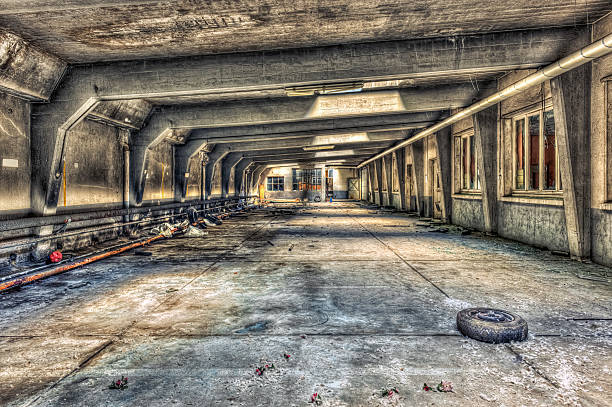 Abandoned underground parking garage stock photo