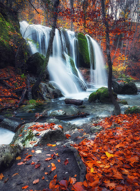istock Waterfall at mountain river in autumn forest at sunset. 511786874