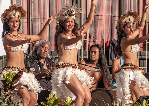 Hanga Roa, Easter Island, October 17, 2009: Polynesian dancers after a political rally