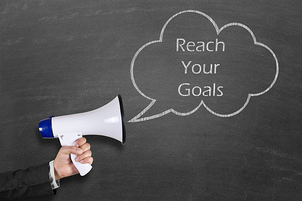 istock Hand holding megaphone with Reach Your Goal announcement 511788342